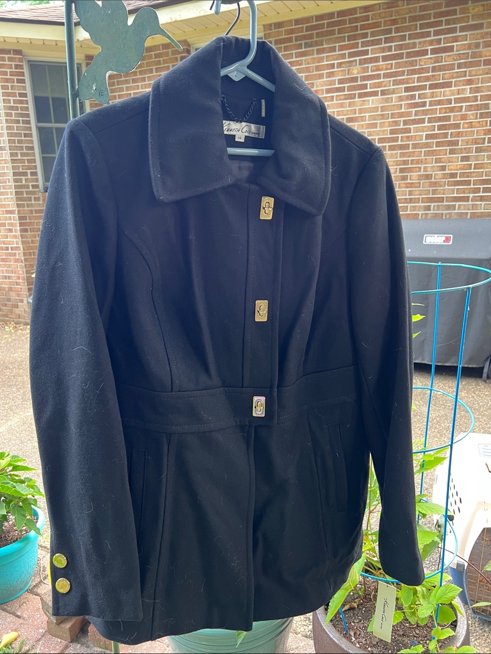 Kenneth Cole Black Pea Coat with Gold-Tone Buttons